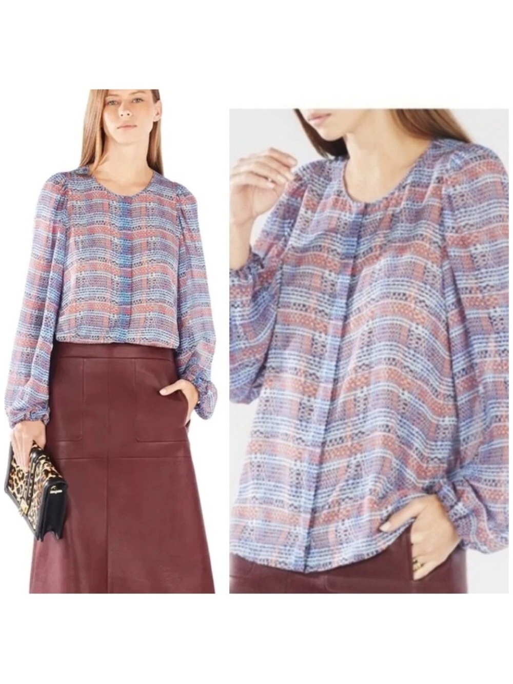BCBGMaxAzria Pink and Blue Patterned Button-Front Sofiya  Blouse